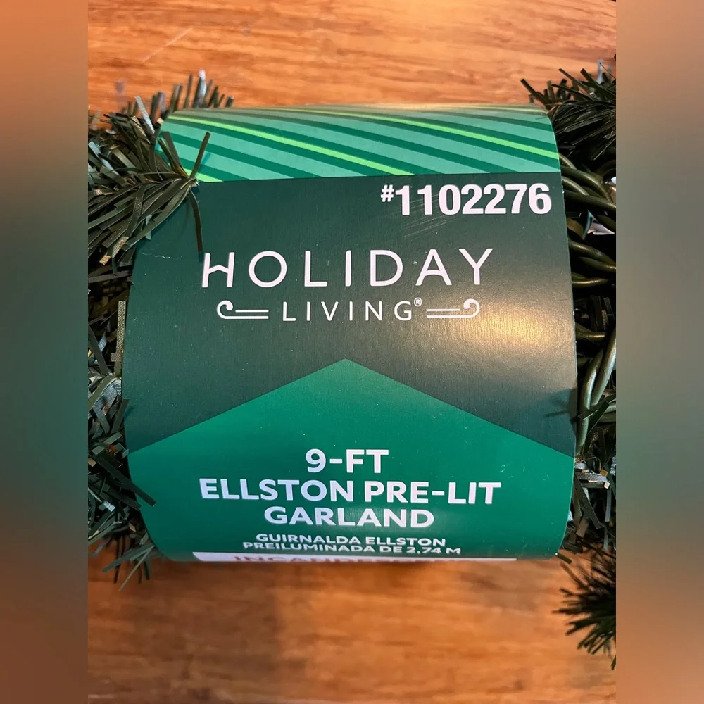 9 ft PRE-LIT garland w 35 clear lights & green cord. Indoor/outdoor. Hi quality.